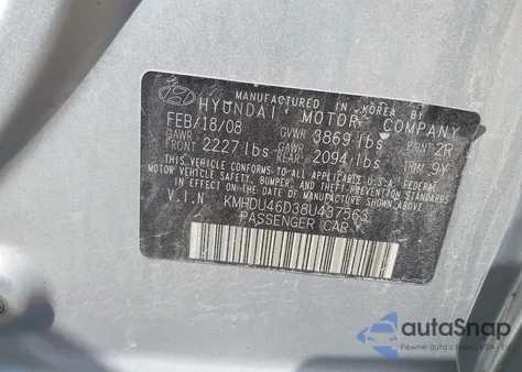 2008 Hyundai Elantra Gls/Se z USA, uszkodzony, nr VIN KMHDU46D38U437563